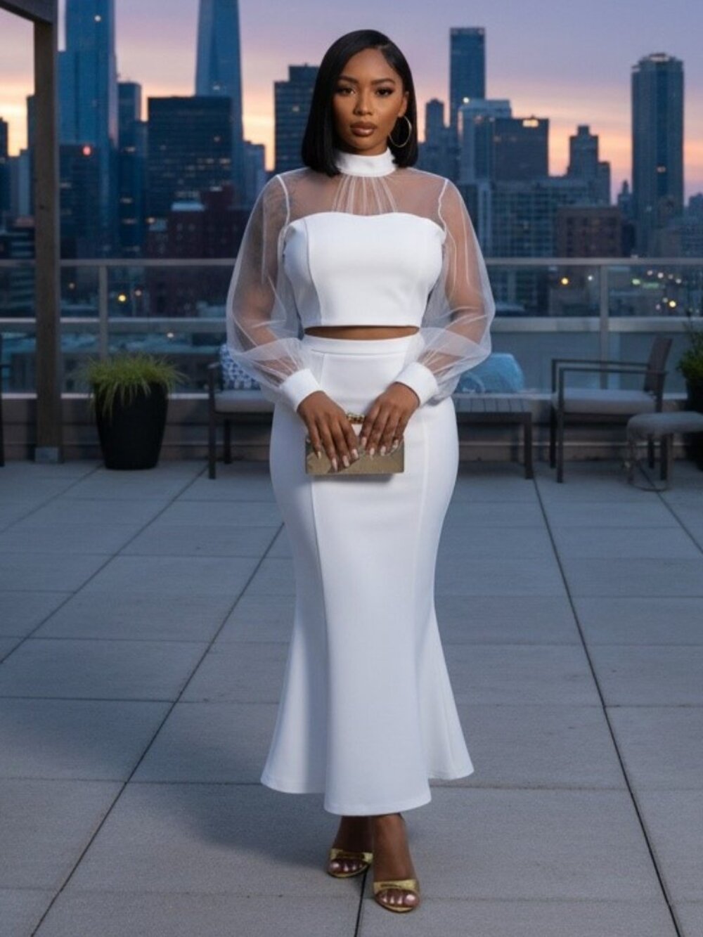 White Maxi Skirt Set With Mesh Top